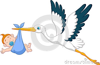 Stork with baby boy cartoon Vector Illustration