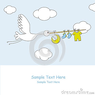 Stork with baby boy clothes Vector Illustration