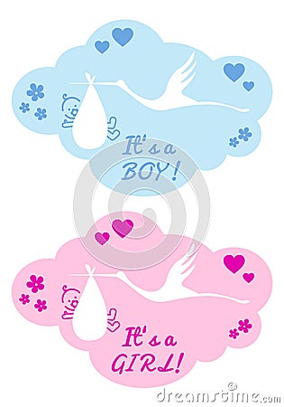 Stork with baby boy and girl, vector Vector Illustration