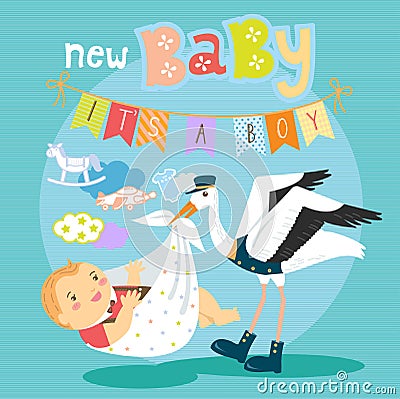 Stork with baby boy Vector Illustration