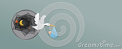 Stork With Baby Boy paper art cute vector paper cut illustration Vector Illustration