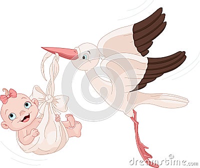 Stork And Baby Girl Vector Illustration