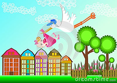 Stork and baby girl Stock Photo