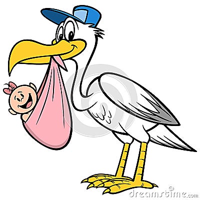 Stork with a Baby Girl Vector Illustration