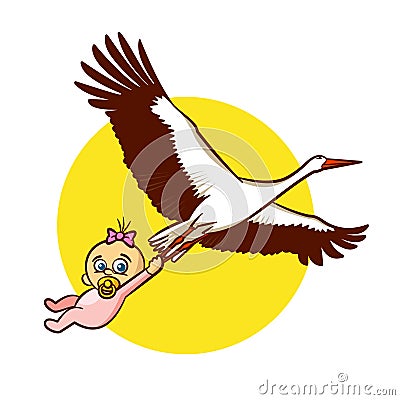 Stork with Baby Girl Sticker Vector Illustration