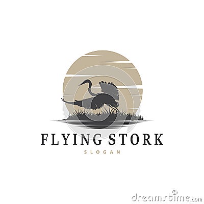 Stork Bird Logo, Heron, Grass, And River Design, Vector Simple Template illustration Vector Illustration