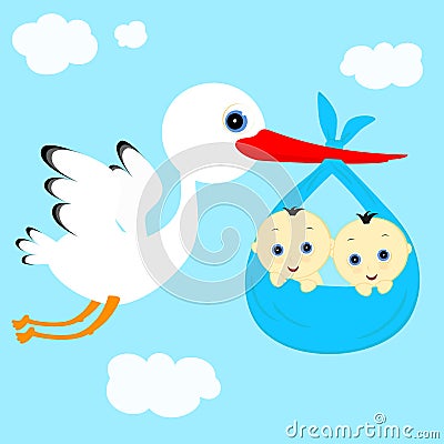 Stork and boys Vector Illustration