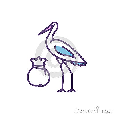 Stork bringing baby RGB color icon Vector Illustration