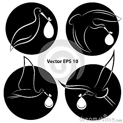 Stork carrying a baby black flat icon in a circle for logo, isolated Vector Illustration