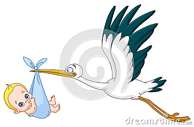 Stork and baby boy Vector Illustration