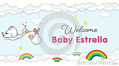 Stork Carrying Baby. Welcome Baby shower party banner for newborn baby estrella Stock Photo