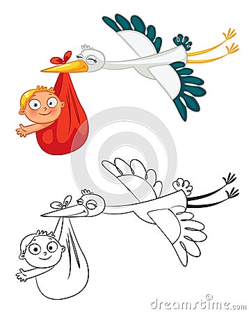 Stork carrying a cute baby Vector Illustration