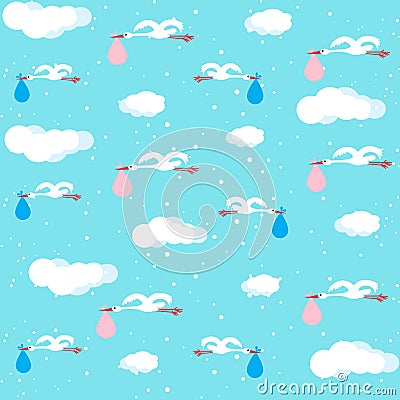 Stork carrying sack with baby. Seamless pattern Vector Illustration