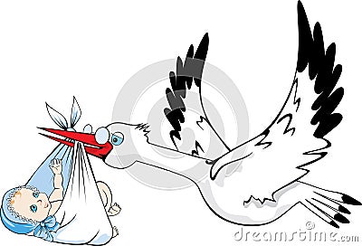 Stork delivering baby. Vector Illustration