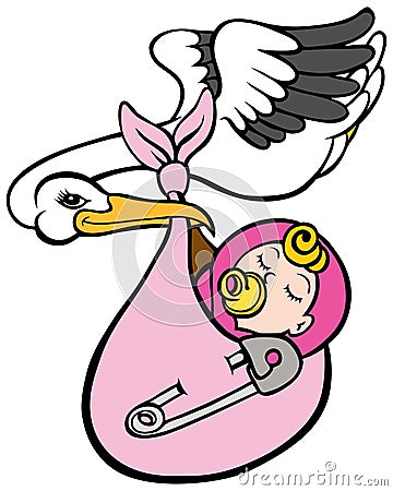 Stork Delivering Baby Girl Vector Illustration