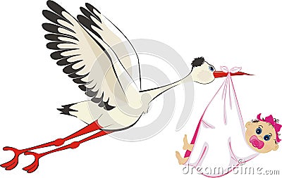 Stork delivering a newborn baby girl Vector Illustration