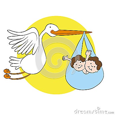 Stork Delivers Twin Babies Vector Illustration