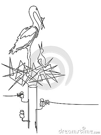 Stork feeds a chick in a nest on a electrical pole. Editable vector minimalistic image made in continuous one-line art technique Vector Illustration