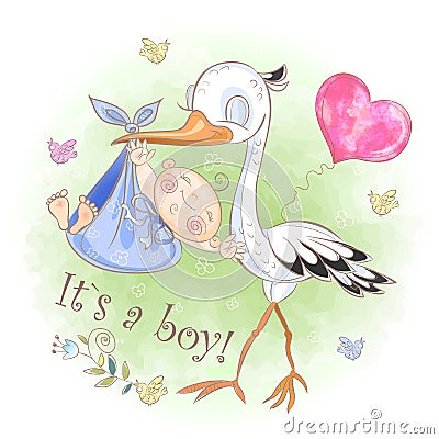 Stork flies with baby boy. Baby shower. Postcard for the birth of a baby. Vector. Watercolor. Vector Illustration