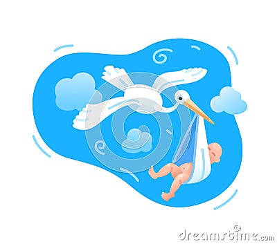 A stork flies with a newborn baby. The birth of a baby. Symbol of the birth. Vector flat illustration. Vector Illustration