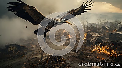 The stork flies over the burning houses. Generative AI. Stock Photo