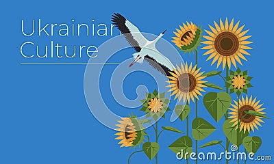 a stork flies under sunflowers in the blue sky. Ukrainian traditional symbol of freedom and independence. Flat poster design. Stock Photo