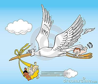 Stork flying delivering newborn babies Vector Illustration