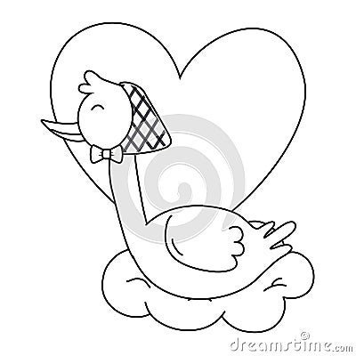 Stork with heart in black and white Vector Illustration