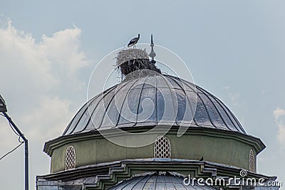 Stork nest on Haci Hacer Cami mosque in Igdir, Turk Stock Photo