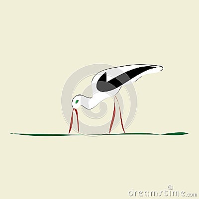 Stork with red beak and feet Vector Illustration