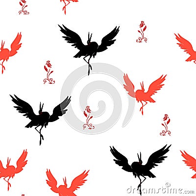 Stork seamless pattern dancing, silhouette on white background Vector Illustration