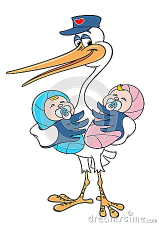 Stork with twins. Cartoon stork with a newborn. Vector color drawing of a stork with a baby, isolated on white Vector Illustration