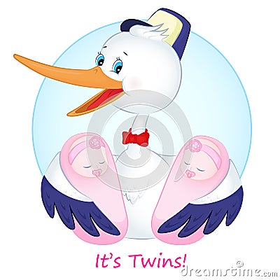 The stork with twins girls Vector Illustration