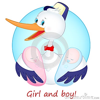 Stork with twins Vector Illustration