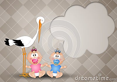 Stork with twins, male and female Stock Photo