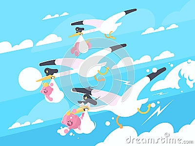 Storks carry babies in beaks Cartoon Illustration