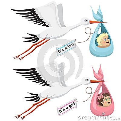 Storks with little boy and girl Vector Illustration