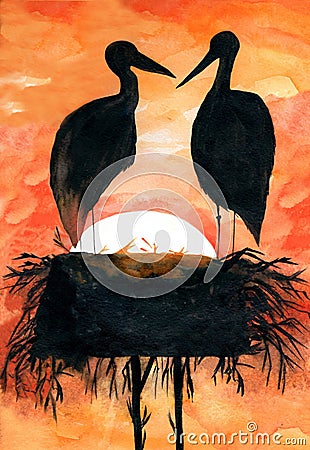 Storks in nest at sunset Cartoon Illustration