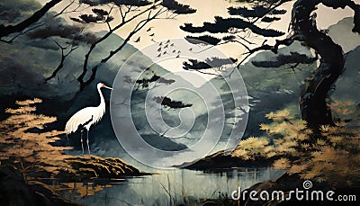 storks by the river in the pine forest Stock Photo