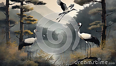 storks by the river in the pine forest Stock Photo