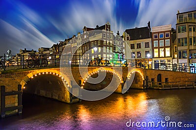 Storm on Amsterdam at night, Singel Canal Stock Photo