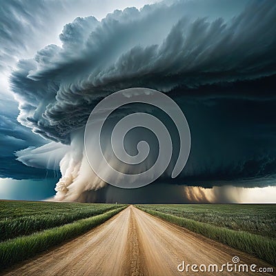 A storm approaches a dirt road in a Wind Storm Storm Clouds Over A Dusty Road Cartoon Illustration