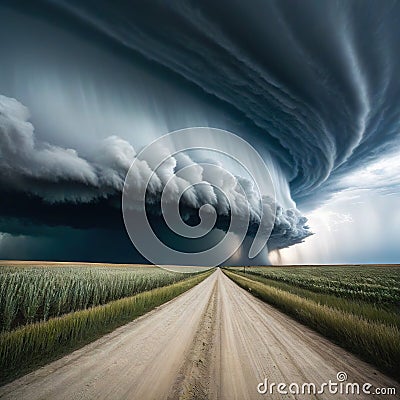 A storm approaches a dirt road in a Wind Storm Storm Clouds Over A Dusty Road Cartoon Illustration