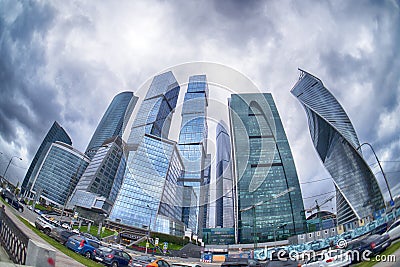 The storm clouds floating over the skyscrapers of the Moscow International Business Center (Moscow-City). Fisheye Editorial Stock Photo