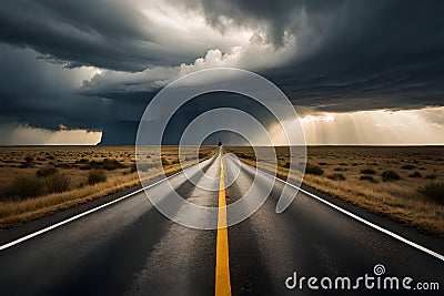 Storm clouds gather over a road that leads into the distance generated Ai. Stock Photo