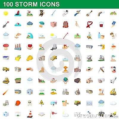 100 storm icons set, cartoon style Vector Illustration
