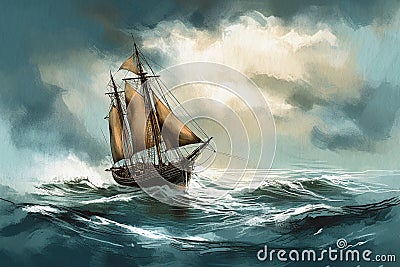 Storm, lonely sailing ship on huge waves, seascape painted with watercolors on textured paper. Digital Watercolor Painting Stock Photo