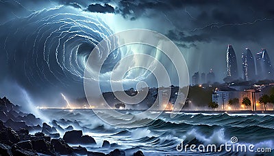 Storm in the metropolis. A huge hurricane. AI generated Stock Photo