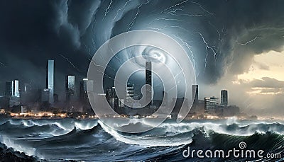 Storm in the metropolis. A huge hurricane. AI generated Stock Photo