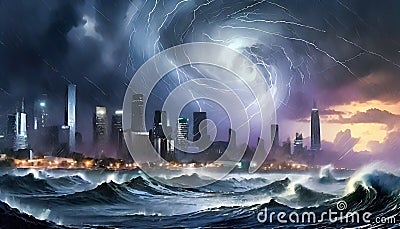 Storm in the metropolis. A huge hurricane. AI generated Stock Photo